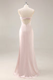 Candy rose satin sirène froncé longue robe de demoiselle d’honneur avec fente