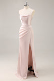 Candy rose satin sirène froncé longue robe de demoiselle d’honneur avec fente