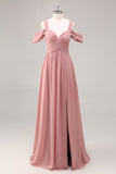 Dusty Rose Cold Shoulder Mousseline de soie froncé longue robe de demoiselle d’honneur avec fente