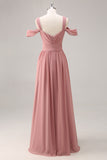 Dusty Rose Cold Shoulder Mousseline de soie froncé longue robe de demoiselle d’honneur avec fente