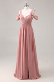 Dusty Rose Cold Shoulder Mousseline de soie froncé longue robe de demoiselle d’honneur avec fente