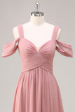 Dusty Rose Cold Shoulder Mousseline de soie froncé longue robe de demoiselle d’honneur avec fente