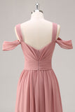 Dusty Rose Cold Shoulder Mousseline de soie froncé longue robe de demoiselle d’honneur avec fente