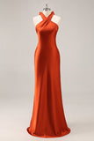 Rouille Satin Licou Sirène Longue Robe de demoiselle d’honneur avec noeud