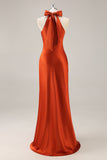Rouille Satin Licou Sirène Longue Robe de demoiselle d’honneur avec noeud