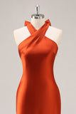 Rouille Satin Licou Sirène Longue Robe de demoiselle d’honneur avec noeud