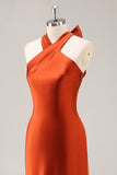 Rouille Satin Licou Sirène Longue Robe de demoiselle d’honneur avec noeud