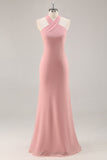 Blush Halter Sirène Robe de demoiselle d’honneur longue en mousseline de soie avec noeud