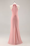 Blush Halter Sirène Robe de demoiselle d’honneur longue en mousseline de soie avec noeud