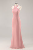 Blush Halter Sirène Robe de demoiselle d’honneur longue en mousseline de soie avec noeud