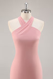 Blush Halter Sirène Robe de demoiselle d’honneur longue en mousseline de soie avec noeud