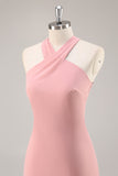 Blush Halter Sirène Robe de demoiselle d’honneur longue en mousseline de soie avec noeud