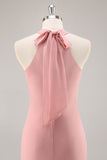 Blush Halter Sirène Robe de demoiselle d’honneur longue en mousseline de soie avec noeud