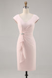 Robe Midi Mère de la mariée moulante à col en V rose bonbon avec volant