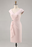 Robe Midi Mère de la mariée moulante à col en V rose bonbon avec volant