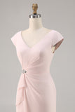 Robe Midi Mère de la mariée moulante à col en V rose bonbon avec volant