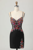 Mini Robe De Cocktail florale moulante noire scintillante
