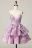 Glitter Light Purple Une ligne sans bretelles Tier Robe De Cocktail avec noeud