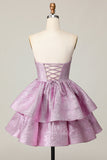 Glitter Light Purple Une ligne sans bretelles Tier Robe De Cocktail avec noeud