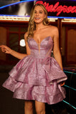Glitter Light Purple Une ligne sans bretelles Tier Robe De Cocktail avec noeud