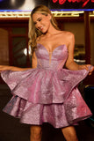 Glitter Light Purple Une ligne sans bretelles Tier Robe De Cocktail avec noeud