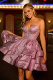 Glitter Light Purple Une ligne sans bretelles Tier Robe De Cocktail avec noeud