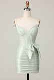 Sage moulante spaghetti bretelles Corset Robe De Cocktail avec noeud