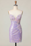 Robe de bal moulante scintillante lilas corset paillettes avec fleurs 3D