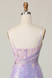 Robe de bal moulante scintillante lilas corset paillettes avec fleurs 3D
