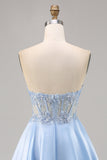 Robe courte de bal sans bretelles bleu clair avec paillettes