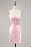 Robe corset courte moulante en satin rose bonbon avec applique