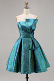 Robe De Cocktail métallisée sans bretelles métallisée vert paon froncée