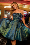 Robe De Cocktail métallisée sans bretelles métallisée vert paon froncée