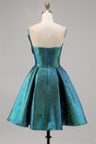 Robe De Cocktail métallisée sans bretelles métallisée vert paon froncée