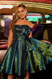 Robe De Cocktail métallisée sans bretelles métallisée vert paon froncée