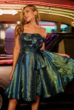 Robe De Cocktail métallisée sans bretelles métallisée vert paon froncée
