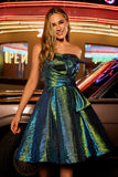 Robe De Cocktail métallisée sans bretelles métallisée vert paon froncée