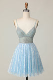Robe scintillante bleu clair à col en V à paillettes à une ligne de balles