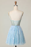 Robe scintillante bleu clair à col en V à paillettes à une ligne de balles