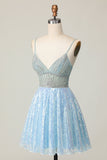 Robe scintillante bleu clair à col en V à paillettes à une ligne de balles