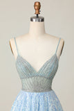 Robe scintillante bleu clair à col en V à paillettes à une ligne de balles