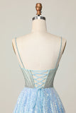 Robe scintillante bleu clair à col en V à paillettes à une ligne de balles