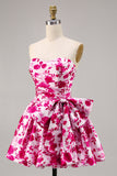 Floral Fuchsia Bustless Une Robe de Retrouvailles Trapèze avec Noeud