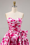 Floral Fuchsia Bustless Une Robe de Retrouvailles Trapèze avec Noeud