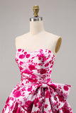 Floral Fuchsia Bustless Une Robe de Retrouvailles Trapèze avec Noeud
