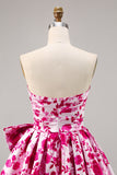 Floral Fuchsia Bustless Une Robe de Retrouvailles Trapèze avec Noeud