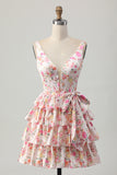 Rose Floral A Ligne Corset Robe de cocktail avec Noeud