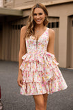 Rose Floral A Ligne Corset Robe de cocktail avec Noeud