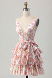 Robe courte de bal à plusieurs niveaux à col en V floral rose avec noeud