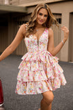 Rose Floral A Ligne Corset Robe de cocktail avec Noeud